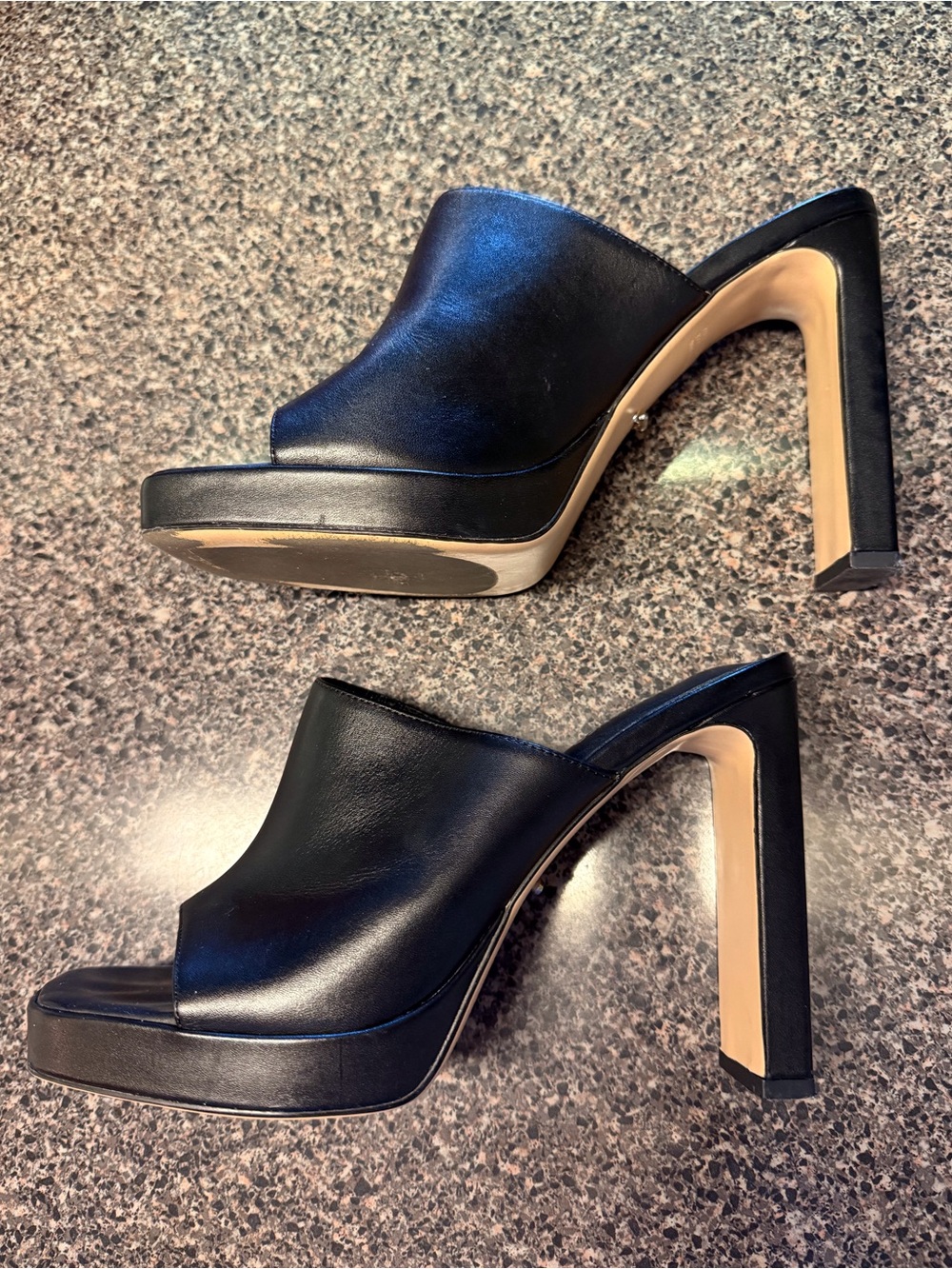 “TONY BIANCO” Leather Open-Toe Platform Mule Heels